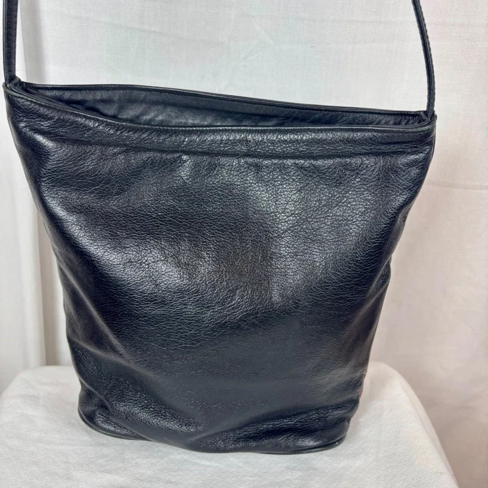 Leaf Leather C.L. Whiting  Black Brown Embossed Crossbody Bucket Bag USA Made